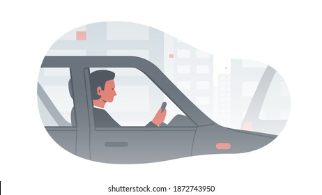 Man Driving A Car And сityscape. Vector Concept Illustration Of A Businessman In A Vehicle Driving On The Street In The City With Buildings And Other Cars In The Background. Safe Driving, Busy Traffic