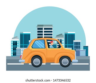 Man Driving Car Vehicle Sideview Cartoon On The City, Urban Scenery Background ,vector Illustration Graphic Design.