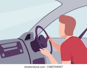 Man Driving a Car, View from the Inside, Male Driver Character Holding Hands on a Steering Wheel Vector Illustration