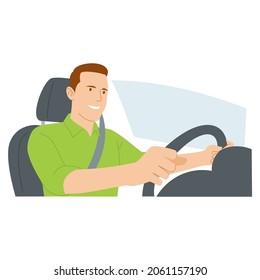 man driving a car. man wearing green shirt driving car wearing seat belt. Vector image