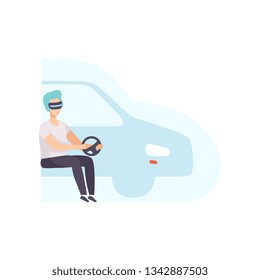Man driving a car wearing virtual reality digital glasses, guy using optical device for real visualisation and simulation vector Illustration on a white background