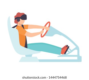 Man Driving Car Wearing Virtual Reality Digital Glasses, Guy Using Advanced Technology to Imitate Road with Driver Simulator Vector Illustration