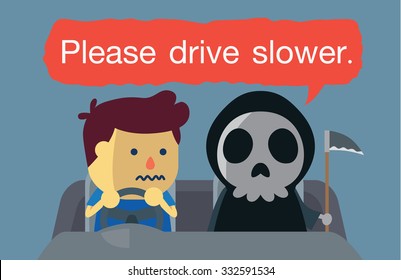 A man driving a car which have angel of death sitting with him and then speaking " Please drive slower". This illustration about danger of driving fast.