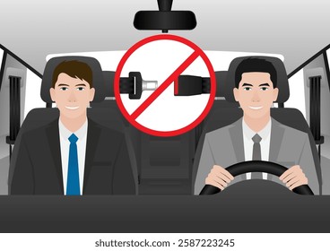 Man Driving a Car without Wearing Seat belt. Man Breaking Traffic Rules. Safety First and Drive Safety Concept. 