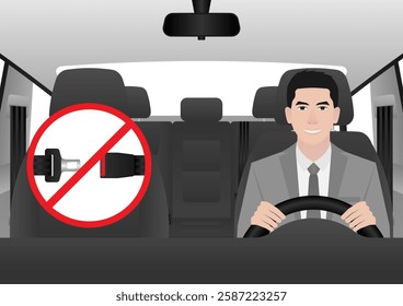 Man Driving a Car without Wearing Seat belt. Man Breaking Traffic Rules. Safety First and Drive Safety Concept. 