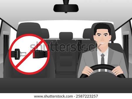 Man Driving a Car without Wearing Seat belt. Man Breaking Traffic Rules. Safety First and Drive Safety Concept. 