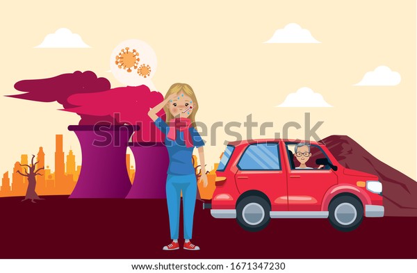 man driving car and woman sick for pollution\
vector illustration design