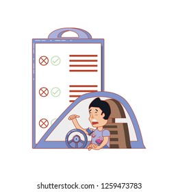 man driving cart with traffic light and checklist