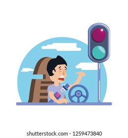 man driving cart with traffic light man driving cart with traffic light