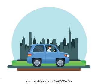 man driving cart using face mask character vector illustration design