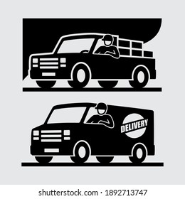 Man Driving Delivery Pickup Truck and Commercial Cargo Van Vector Icon