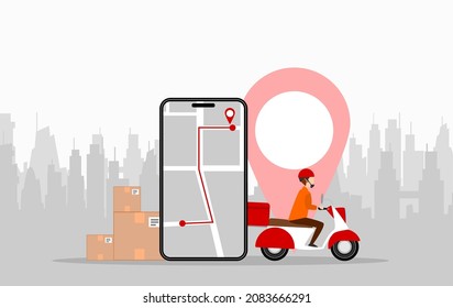 Man driving a delivery scooter with smartphone location technology. Vector illustration, flat design