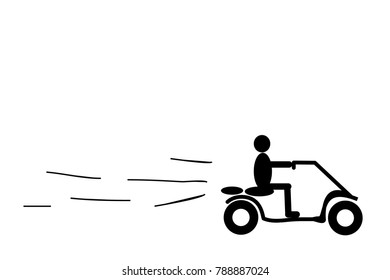 A man is driving down the road on the Citycoco Electric scooter. Vector drawing of black and white, white background. Logo, icon, poster. Concept.