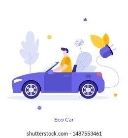 Man driving electric car. Guy in automobile with plug and rechargable battery. Concept of eco-friendly automotive technology, modern environmentally friendly transport. Flat vector illustration.