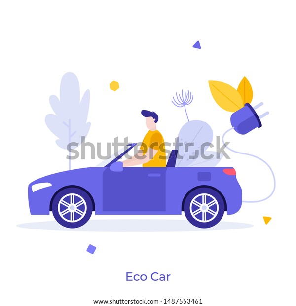 Man driving electric car. Guy in automobile\
with plug and rechargable battery. Concept of eco-friendly\
automotive technology, modern environmentally friendly transport.\
Flat vector illustration.