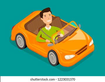Man driving a electric car. Vehicle, cabriolet concept. Cartoon vector illustration