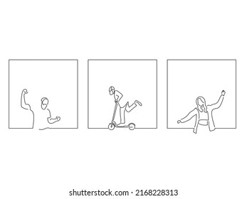 Man driving an electric skate and two persons having fun in line art drawing style. Composition of three persons. Black linear sketch isolated on white background. Vector illustration design.