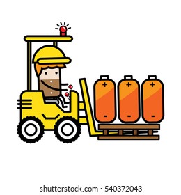 Man driving forklift to carry battery set, Illustrator cartoon design