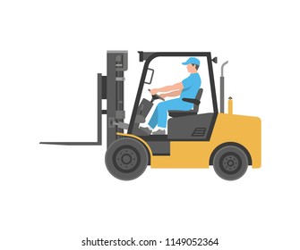 Man driving a forklift. flat style. isolated on white background