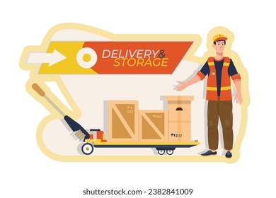 Man driving forklift loader pallet truck warehouse robot car parcel box delivery logistic transport concept.
