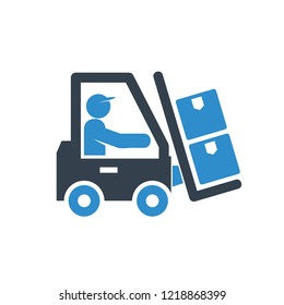 man driving forklift truck icon on white background