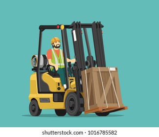 Man driving a forklift. Vector illustration.