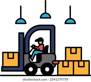 A man is driving a forklift in a warehouse. The forklift is surrounded by boxes, and the man is focused on his task. Concept of productivity and efficiency