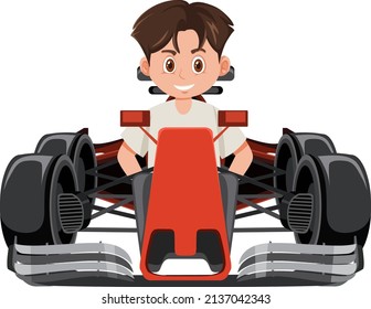 Ilustración de un coche de carreras con fórmula de conducción de un hombre