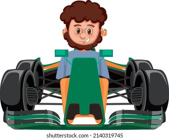 Ilustración de un coche de carreras con fórmula de conducción de un hombre