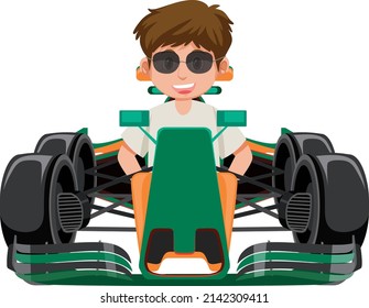 Ilustración de un coche de carreras con fórmula de conducción de un hombre