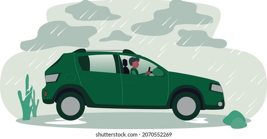 Man with driving a green car under the rain in flat vectorial cartoonist style