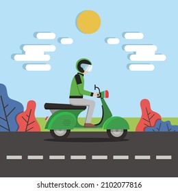 Man driving green motorcycle vector illustration.