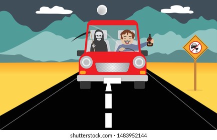 man driving his car while drinking alcohol on the road. vector illustration