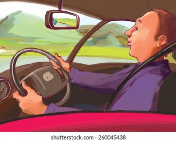 Man driving his RED car. VECTOR. Great illustration for finance magazine, school and children book and more. 