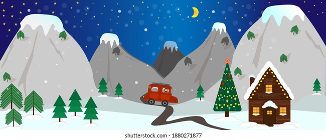 A man is driving home to celebrate Christmas. Winter festive evening in the mountains. New Year card. Vector illustration.