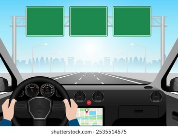 Homem dirigindo dentro de um carro. Vista do motorista de dentro de um carro. Interior do carro com volante e painel do carro. Ilustração de vetor.