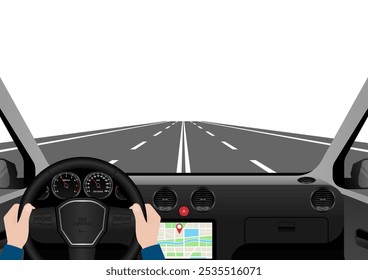 Homem dirigindo dentro de um carro. Vista do motorista de dentro de um carro. Interior do carro com volante e painel do carro. Ilustração de vetor.