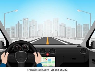 Homem dirigindo dentro de um carro. Vista do motorista de dentro de um carro. Interior do carro com volante e painel do carro. Ilustração de vetor.