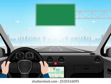 Homem dirigindo dentro de um carro. Vista do motorista de dentro de um carro. Interior do carro com volante e painel do carro. Ilustração de vetor.