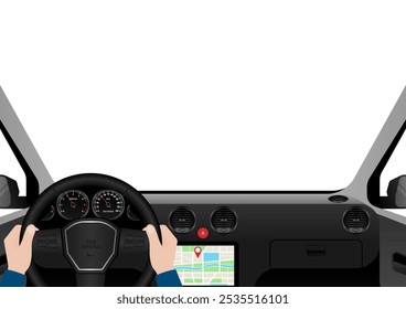 Homem dirigindo dentro de um carro. Vista do motorista de dentro de um carro. Interior do carro com volante e painel do carro. Ilustração de vetor.