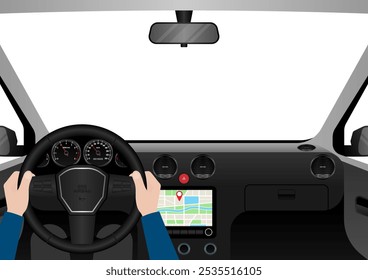 Homem dirigindo dentro de um carro. Vista do motorista de dentro de um carro. Interior do carro com volante e painel do carro. Ilustração de vetor.