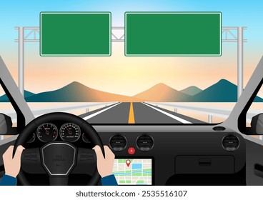 Homem dirigindo dentro de um carro. Vista do motorista de dentro de um carro. Interior do carro com volante e painel do carro. Ilustração de vetor.