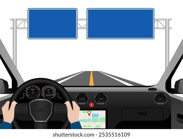 Homem dirigindo dentro de um carro. Vista do motorista de dentro de um carro. Interior do carro com volante e painel do carro. Ilustração de vetor.