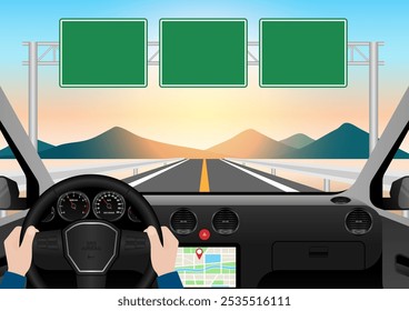 Homem dirigindo dentro de um carro. Vista do motorista de dentro de um carro. Interior do carro com volante e painel do carro. Ilustração de vetor.