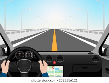 Hombre conduciendo dentro de un coche. Vista del conductor desde el interior de un coche. Interior del coche con el volante y el tablero del coche. Ilustración vectorial.