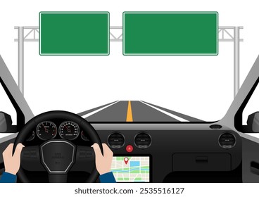 Homem dirigindo dentro de um carro. Vista do motorista de dentro de um carro. Interior do carro com volante e painel do carro. Ilustração de vetor.