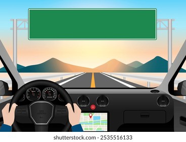 Homem dirigindo dentro de um carro. Vista do motorista de dentro de um carro. Interior do carro com volante e painel do carro. Ilustração de vetor.