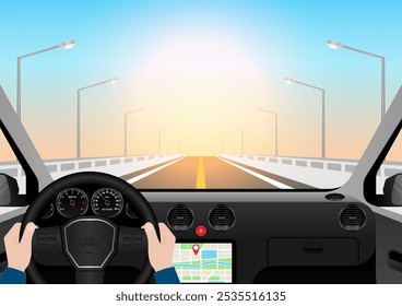 Homem dirigindo dentro de um carro. Vista do motorista de dentro de um carro. Interior do carro com volante e painel do carro. Ilustração de vetor.