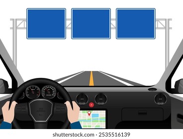 Homem dirigindo dentro de um carro. Vista do motorista de dentro de um carro. Interior do carro com volante e painel do carro. Ilustração de vetor.