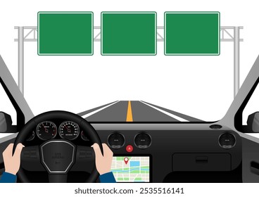 Homem dirigindo dentro de um carro. Vista do motorista de dentro de um carro. Interior do carro com volante e painel do carro. Ilustração de vetor.